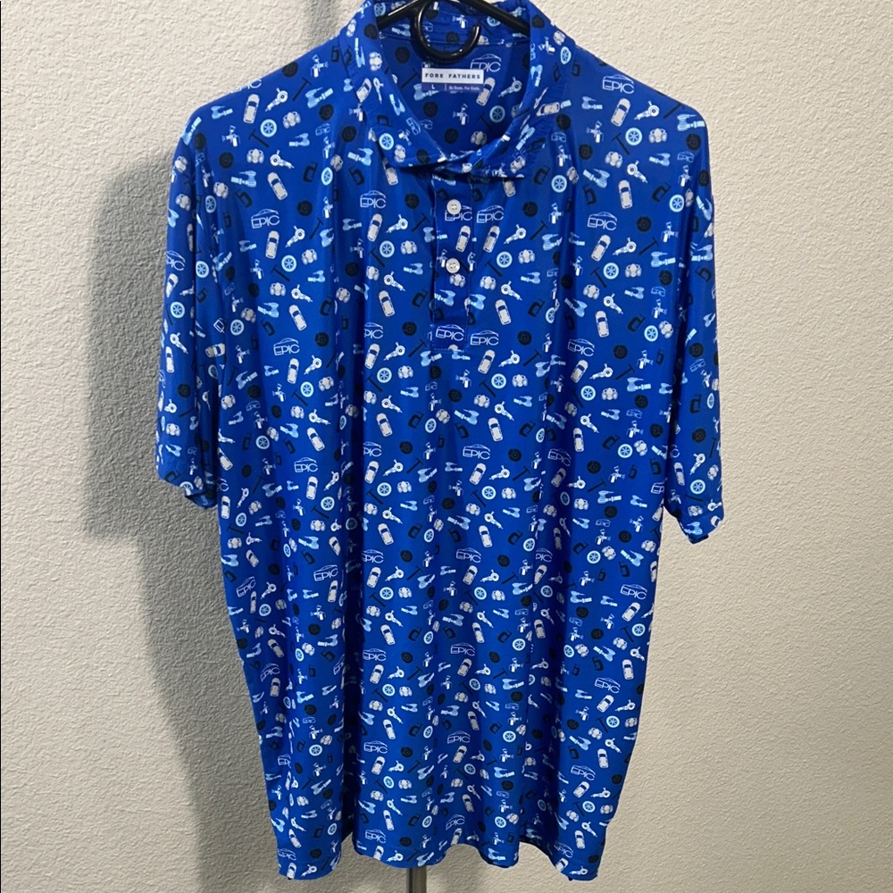 Fore Fathers performance golf LARGE blue Navy Patterned Polo Shirt
